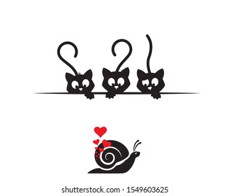 Cats behind table watching snail in love silhouette, funny illustration, vector, cartoon, children wall decals, kids wall artwork isolated on white background, minimalist poster design
