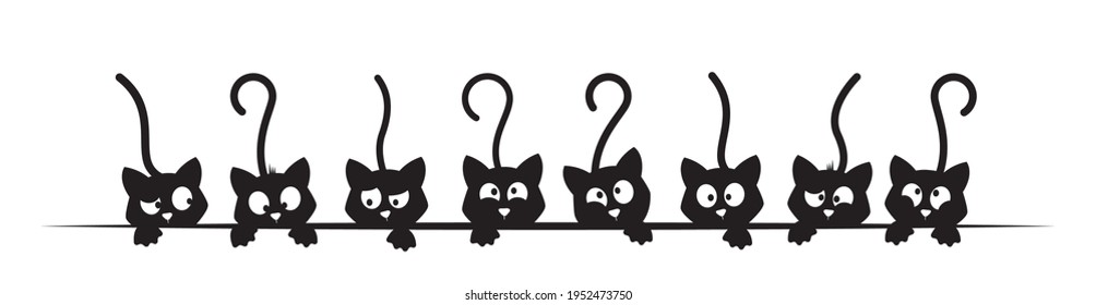 Cats Behind The Wall, Vector. Cats Silhouettes, Funny Illustration, Cartoon Character, Children Wall Decals, Kids Wall Artwork Isolated On White Background, Minimalist Poster Design. 