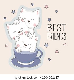 Cats best friends sitting in blue cup of coffee Isolated on pink background. Sweet kids graphics for t-shirts. Greeting card. Vector illustration.