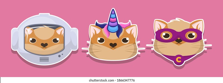 Cats big set. Kawaii stickers. Patch. Cosmonaut, astronaut, spaceman. Unicorn, superhero. Vector illustration design.

