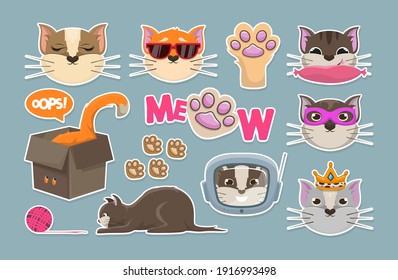 Cats big sticker set. Patch. Funny Doodle. Pets badges. Cat paw.