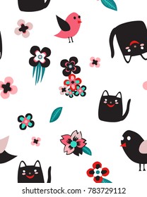 cats, birds and flowers seamless pattern.