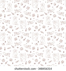 Cats, birds, gifts boxes and notes. Vector Music seamless pattern.