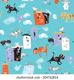 Cats, birds and houses, hand drawn in a doodle style, seamless pattern