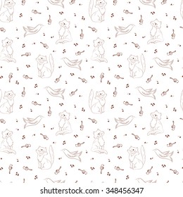 Cats and birds with notes. Vector Music seamless pattern.