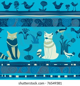 cats and birds on a blue background