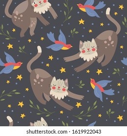 Cats and birds. Seamless vector pattern.