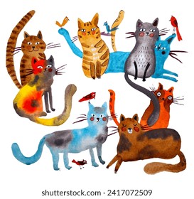 Cats and birds vector illustration in children watercolor painting style. Red, brown, grey and blue cats with long tails. Cute birds.