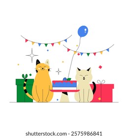 Cats With Birthday Cake And Gift Boxes In Flat Vector Illustration Symbolizing Celebration, Friendship, And Party Fun, Isolated On White Background