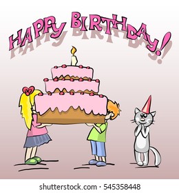 Cat's birthday. Kids with the big cake. Vector cartoon illustration.