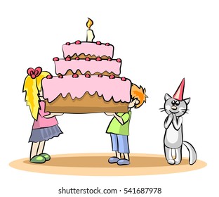 Cat's birthday. Kids give him the big cake.