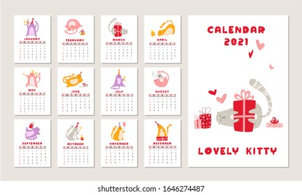 Cats birthday party calendar 2021 - funny kitten in festive hat, gift boxes and presents, birthday cake and drinks, big vector planner 12 month pages and cover, cartoon flat characters - template