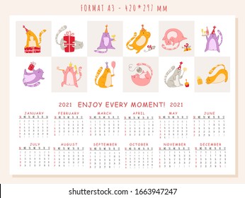 Cats birthday party calendar 2021 - funny kitten in festive hat, gift boxes and presents, birthday cake and drinks, big vector planner 12 month pages and cover, cartoon flat characters - template