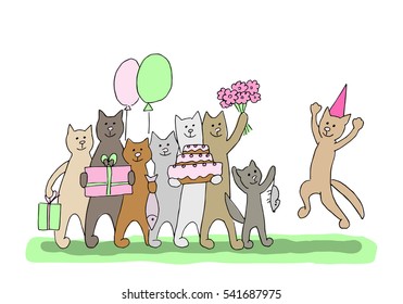 Cat's birthday party. Friends congratulate the cat happy birthday.