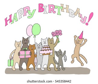 Cat's birthday party. Friends congratulate the cat happy birthday. White background.