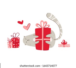 Cats birthday party greeting card - funny gray kitten with gift boxes or presents, birthday surprise - vector isolated cartoon flat character on white background for card, poster, clothes print