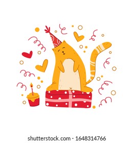 Cats birthday party greeting card - funny kitten in festive hat, gift box or present and sweet birthday cake, vector isolated cartoon flat character on white background for card, poster, clothes print