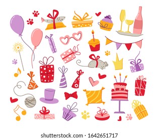 Cats birthday party pets accessories set - gift boxes, food, pillow, fish, mouse, holiday flags and balloons, birthday cake and drinks, vector isolated cartoon flat objects on white background
