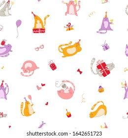 Cats birthday party seamless pattern - funny kitten in festive hat, gift boxes and presents, birthday cake and drinks, vector texture with flat characters on white background for textile, wrapping