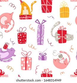 Cats birthday party seamless pattern - funny kitten in festive hat, gift boxes and presents, serpantine - vector texture with flat characters on white background for textile, wrapping