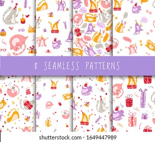 Cats birthday party seamless pattern set - funny kitten in festive hat and speech bubbles, cats paw footprints, cakes, balloons vector texture with flat characters backgrounds for textile, wrapping