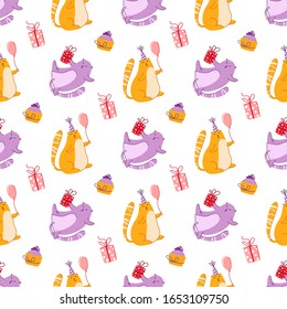 Cats birthday party seamless pattern - funny kitten in festive hat, gift boxes and presents, vector endless texture with flat characters on white background for textile, wrapping, scrapbook paper