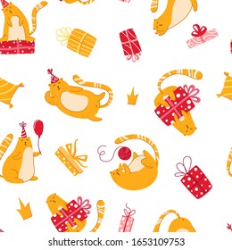 Cats birthday party seamless pattern - funny kitten in festive hat, gift boxes and presents, vector endless texture with flat characters on white background for textile, wrapping, scrapbook paper