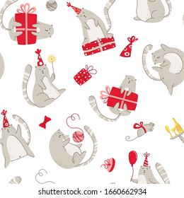 Cats birthday party seamless pattern - funny kitten in festive hat, gift boxes and presents, vector endless texture with flat characters on white background for textile, wrapping, scrapbook paper
