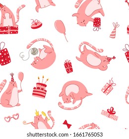 Cats birthday party seamless pattern - funny kitten in festive hat, gift boxes and presents, vector endless texture with flat characters on white background for textile, wrapping, scrapbook paper