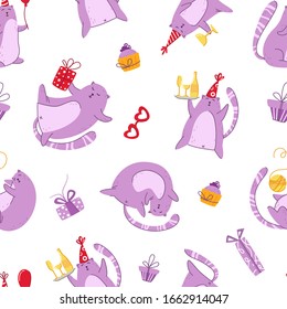 Cats birthday party seamless pattern - funny kitten in festive hat, gift boxes and presents, vector endless texture with flat characters on white background for textile, wrapping, scrapbook paper