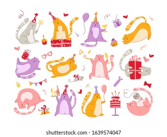Cats birthday party set - funny kitten in festive hat, gift boxes and presents, birthday cake and drinks, collection vector isolated cartoon hand drawn characters on white background for cards, poster