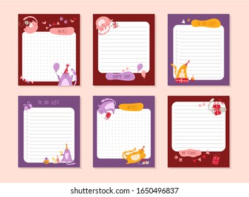 Cats birthday planner or personal stationery organizer or stickers set with notes and to do list for daily plans, schedule with flat cartoon pets or kittens on white - vector printable page template