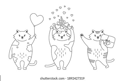 Cats, black outline set for greeting card Valentines Day. Hand drawn doodle funny kitten characters with hearts, balloon, gift and parcel. Romantic banner cute white kitty. Print love vector illustration