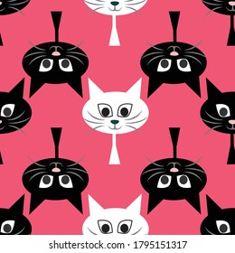 Cats black and white as seamless pattern on pink vector background