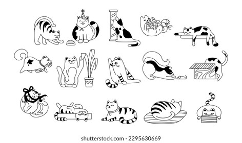 Juego de gatos en blanco y negro. Colección de stickers para redes sociales. Mascotas con planta, poste arañoso y bola, animales juguetones. Ilustraciones de caricaturas de vectores planos aisladas en fondo blanco