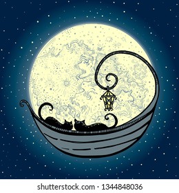 The cats in the boat on the background of the moon and the starry sky. vector illustration. Fabulous image of unity, friendship and love. Contemplation of the night sky. Print or a poster