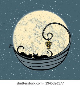 The cats in the boat on the background of the moon and the starry sky. vector illustration. Fabulous image of unity, friendship and love. Contemplation of the night sky. Print or a poster