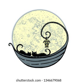 The cats in the boat on the background of the moon.Vector illustration. Fabulous image of unity, friendship and love. Contemplation of the night sky. Print or a poster