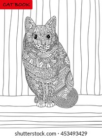 Cat's book. Coloring book for adults. Painted cat patterns. Vector illustration in Zentangle style. Hand drawn design elements. Page for coloring