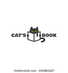 Cats book logo design template with reading cat. Vector illustration.