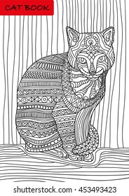 Cat's book. Painted cat patterns. Vector illustration in Zentangle style. Hand drawn design elements. Page for coloring. Shirt design effect, logo, tattoo and decoration.