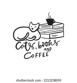 Cats books and coffee . Hand drawn illustration for your design