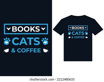 Cats books and coffee illustrations for print-ready T-Shirts design