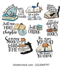 Cats and books quotes set. Hand drawn cats illustration