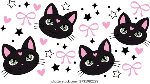 Katzen Bogen und Herz Muster Nahtloses Vektordesign.