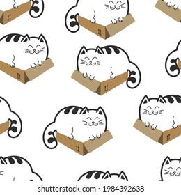 Cats in a box. Fat cats or kittens. Seamless background.