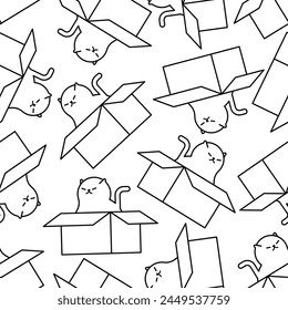 Cats in box Pattern seamless. Pet in cardboard box Background. House for cat texture. Kids fabric ornament