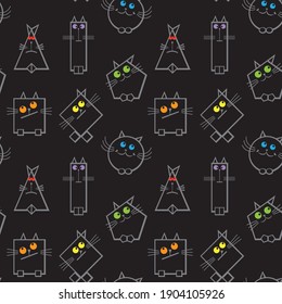 Cats with bright eyes on a black background. Seamless pattern.