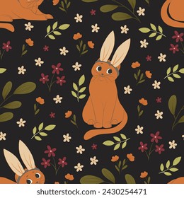 Cats with bunny ears, vector floral seamless pattern for Easter on dark background. Cartoon style. Print design for textile, fabric, wallpaper, wrapping, apparel, linen.