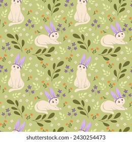 Cats with bunny ears, vector floral seamless pattern for Easter on green background. Cartoon style. Print design for textile, fabric, wallpaper, wrapping, apparel, linen.